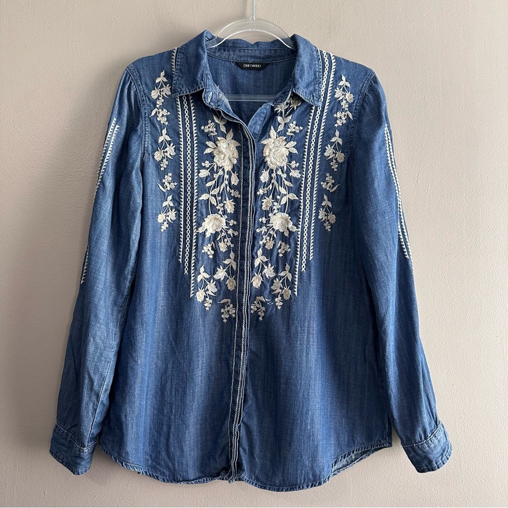 Driftwood Auger Falls Tencel Floral Embroidered Chambray Denim Top Womens Small